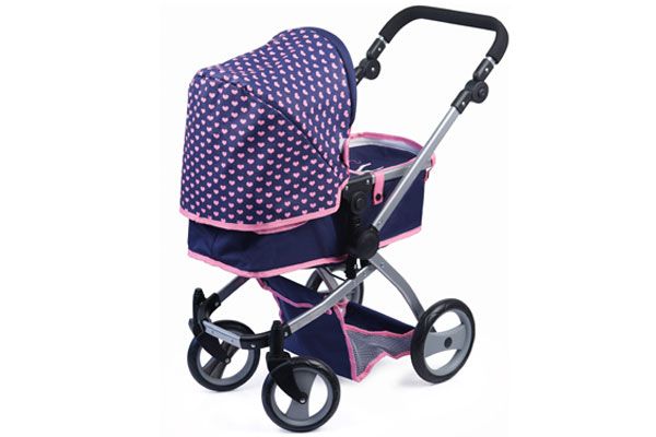 Paars roze poppenwagen met hartjes.