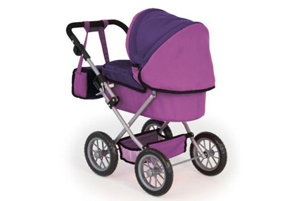 Paars gekleurde poppenwagen.