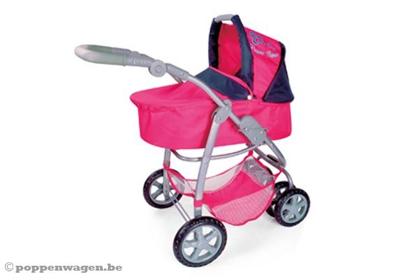 Roze gekleurde poppenwagen.