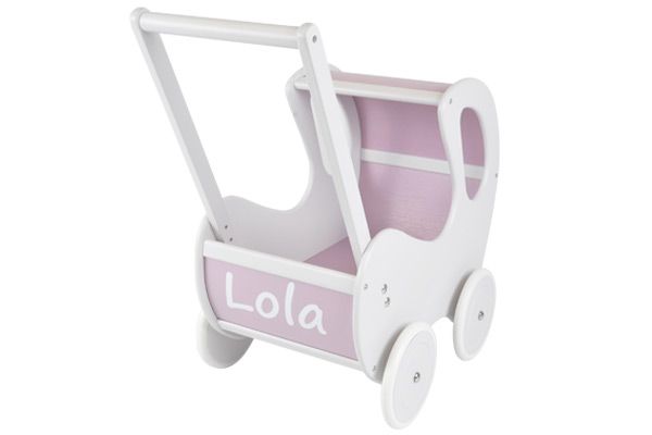 Personaliseer uw poppenwagen met een witte naamsticker.